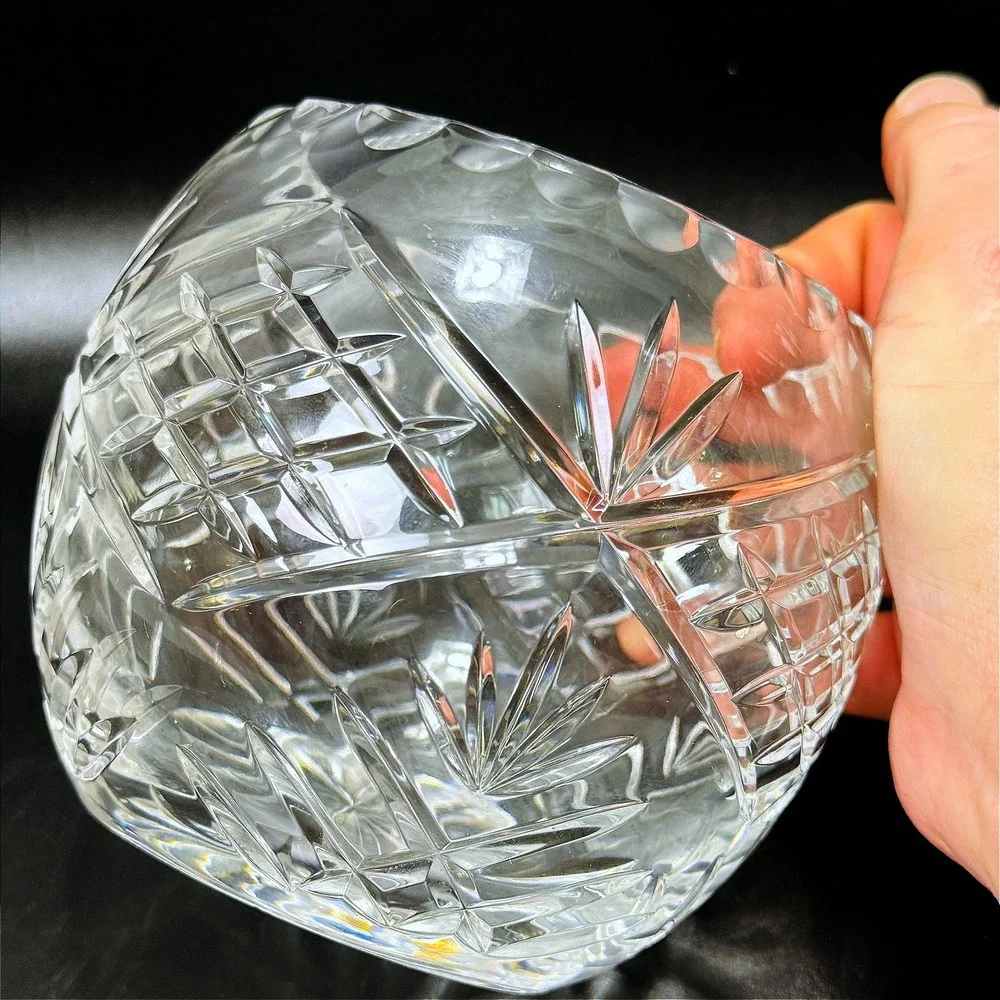 Vintage Hand Cut Lead Crystal Rose Bowl Orb Vase Fan Crosshatch Scalloped Rim